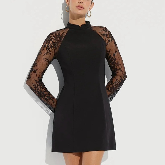 Commense Dresses & Skirts - Commense Black Lace Sleeve A-Line Mini Dress Sheer Long Sleeve NWT XL
